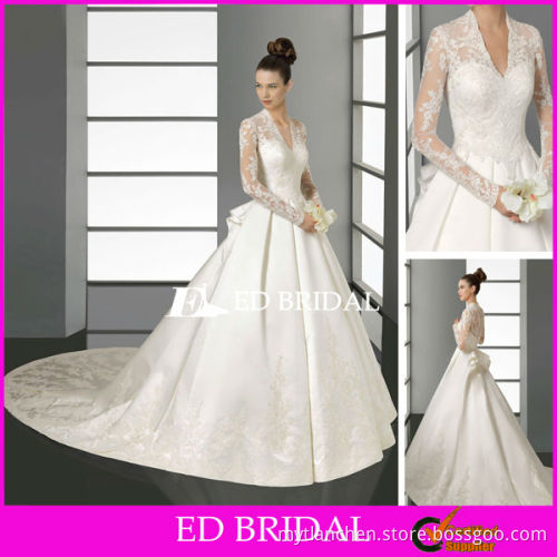 V Neck Long Sleeve Lace Wedding Dress Chapel Train Satin